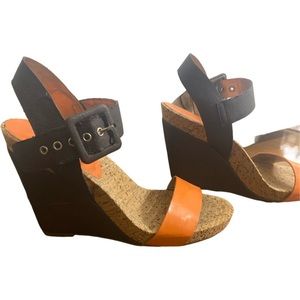 BCBG wedge orange brown and cork sandals.